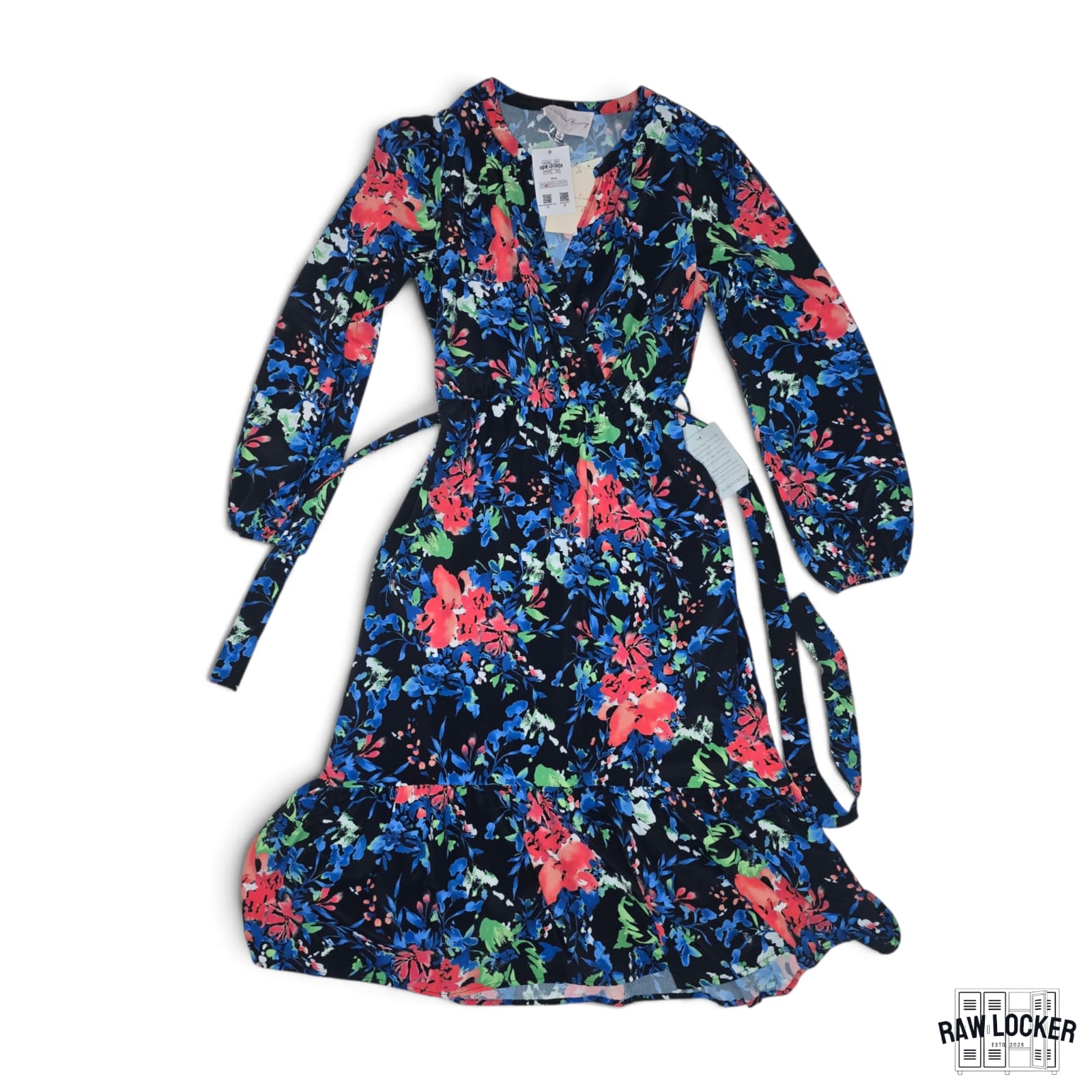 Vestido Midi Floral Manga Larga Cruzado con Cinturón – Talla S