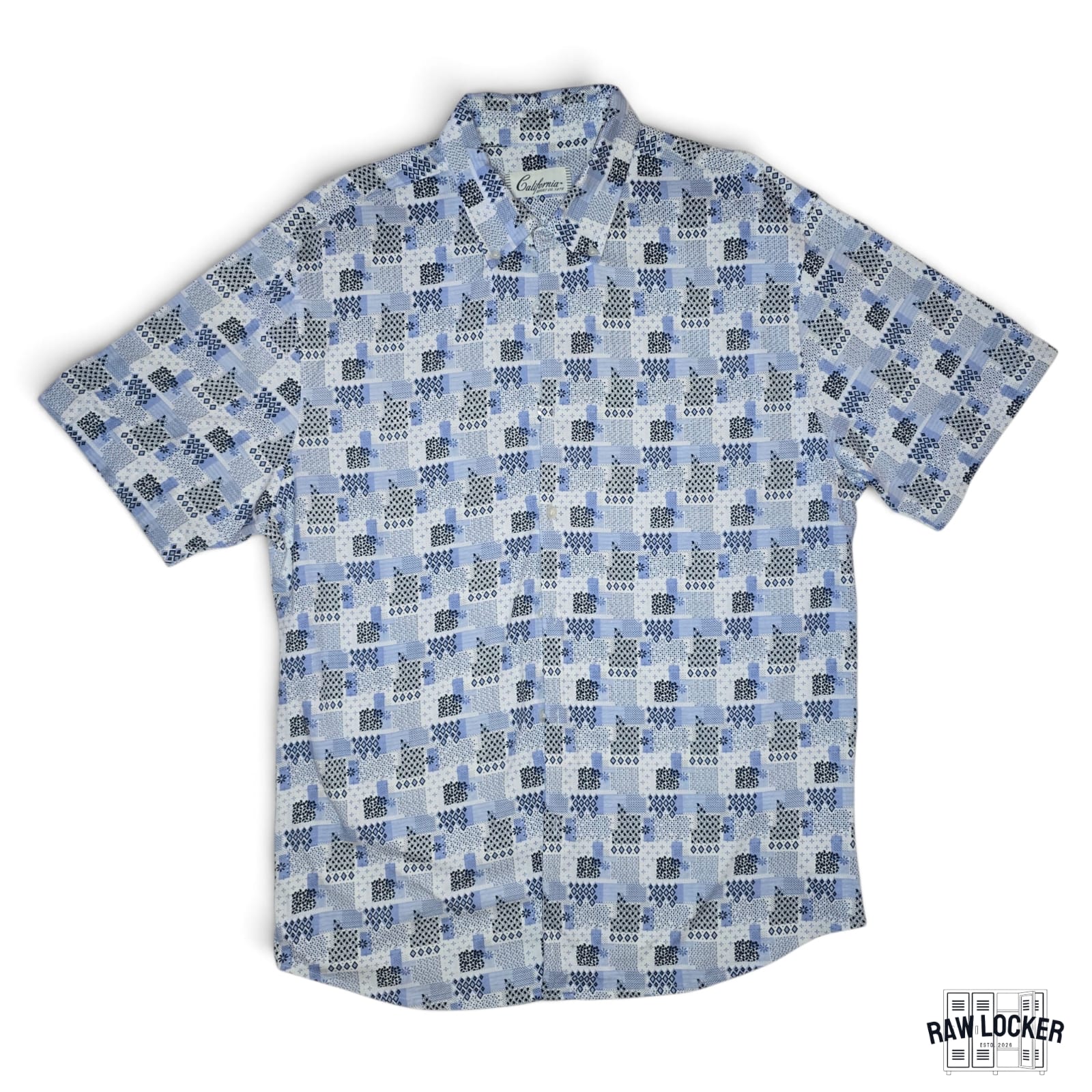 Camisa Casual Manga Corta con Estampado Geométrico – Azul y Blanco - Talla L
