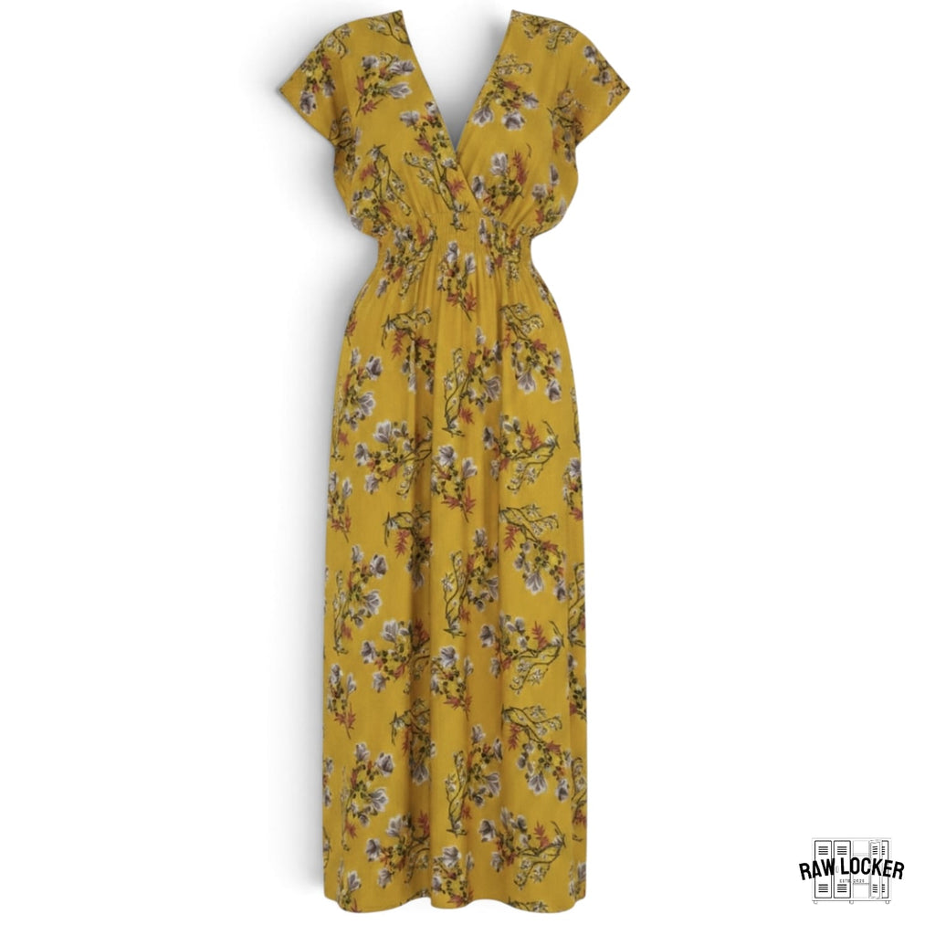 Vestido Maxi Fresco Escote Cruzado, Mustard Floral - Talla M