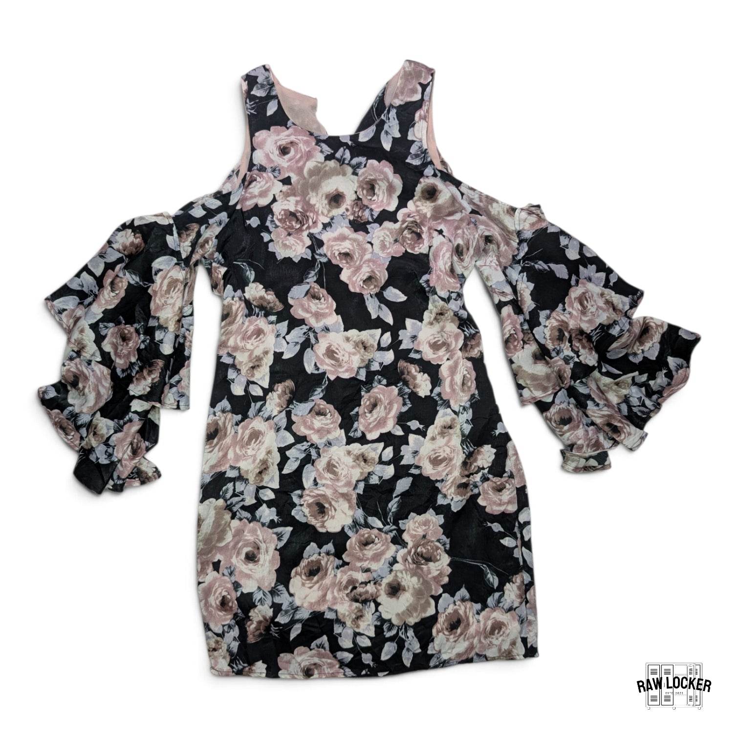 Vestido Corto Floral Hombros Descubiertos y Mangas Volantes - Talla M